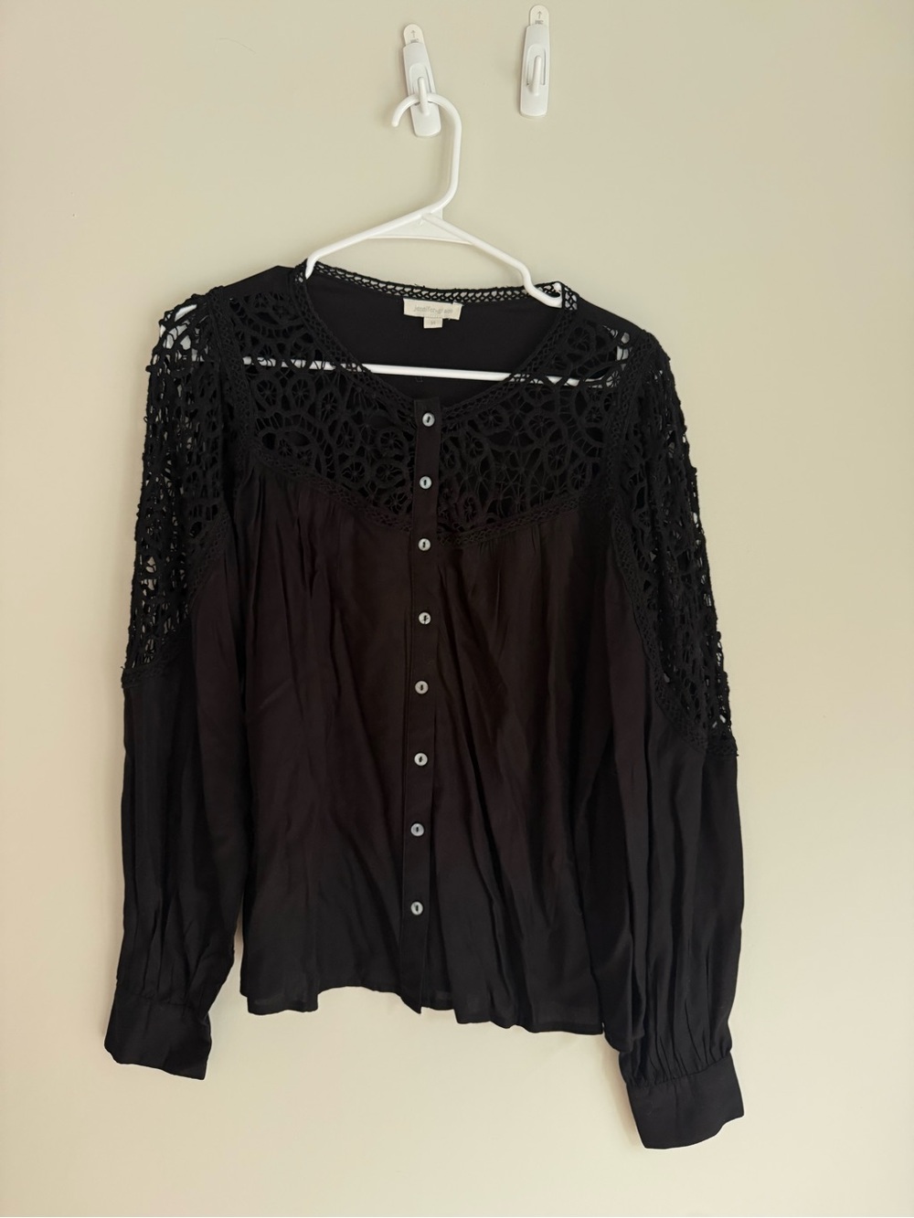 Button-Front Black Blouse with Crochet Yoke